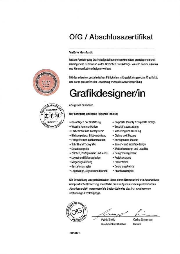 Abschlusszertifikat Grafikdesign an der OfG